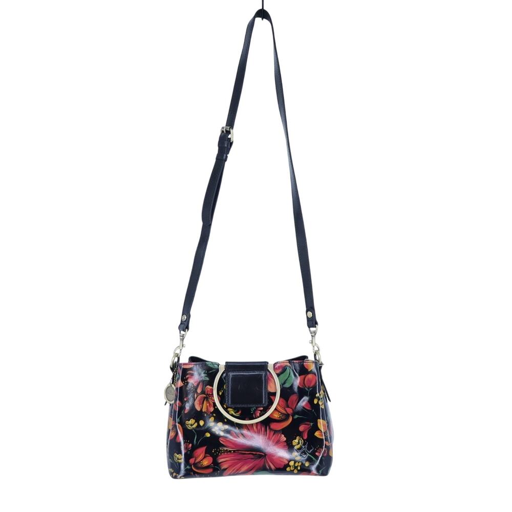 Patricia Nash Empoli Satchel Handbag Black Tropical Floral Leather Crossbody